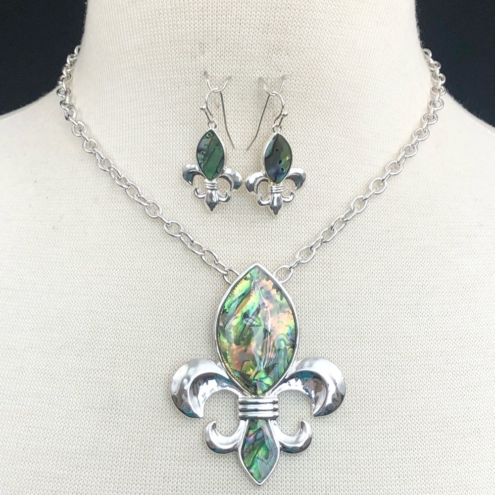 Abalone Shell Fleur De Lis Necklace Earrings Set
